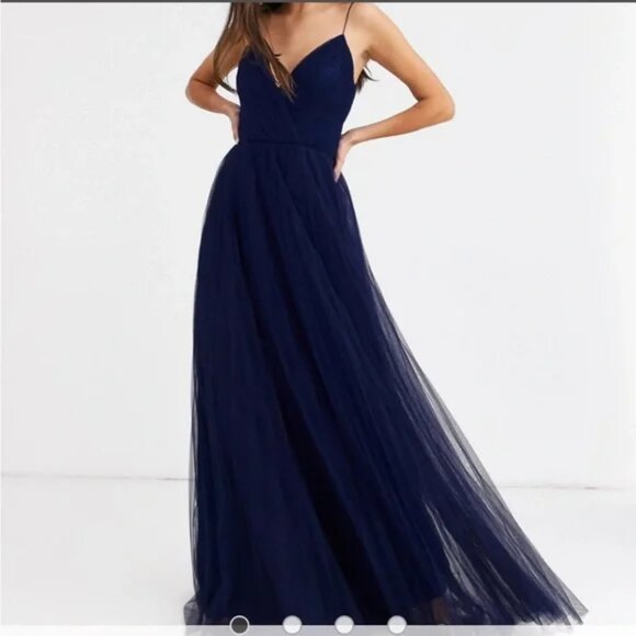 asos design cami pleated tulle maxi dress ASOS Design Tall cami pleated tulle maxi dress-Navy
